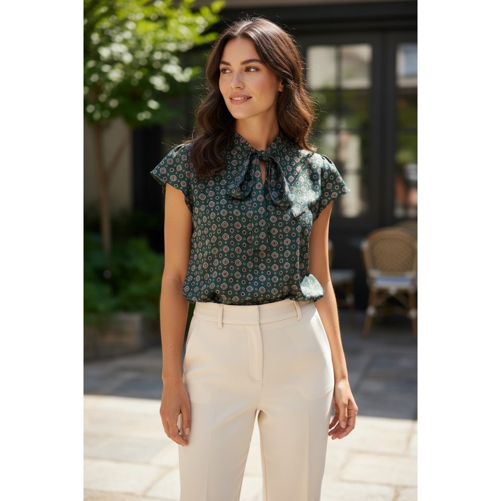 Calvin Klein Blouse Womens PL Green Medallion Tie Neck Flutter Sleeve Satin Top